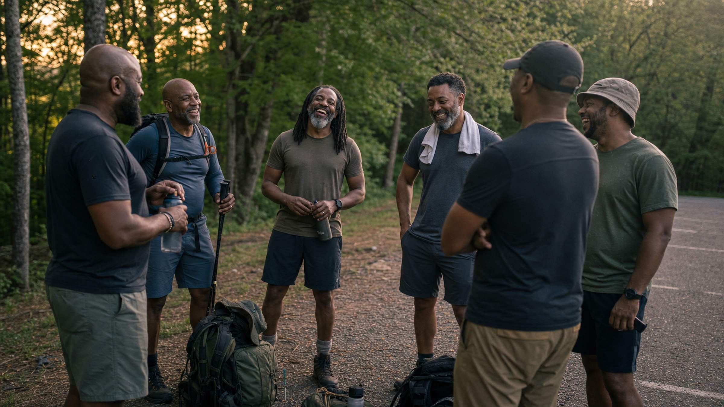 Six Black men gathered at a trailhead after a hike, laughing